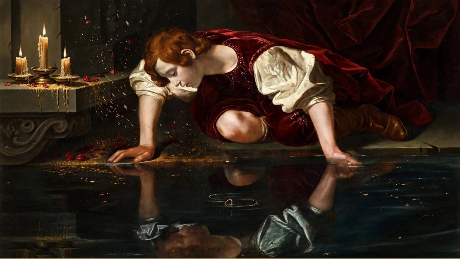 A youth in red leaning over a black pool, his reflection looking up