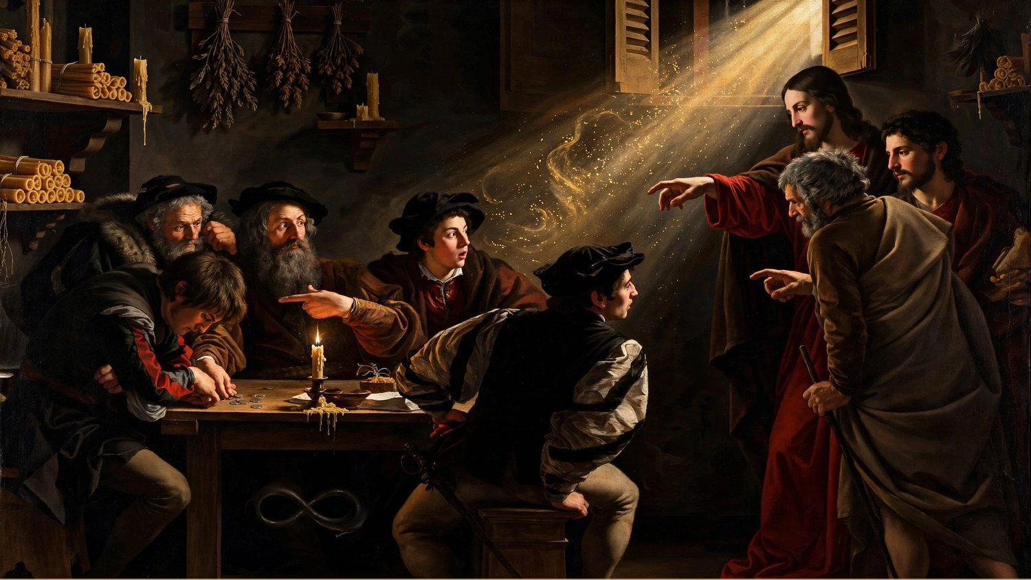 Men counting coins at a table as a beam of light crosses the room