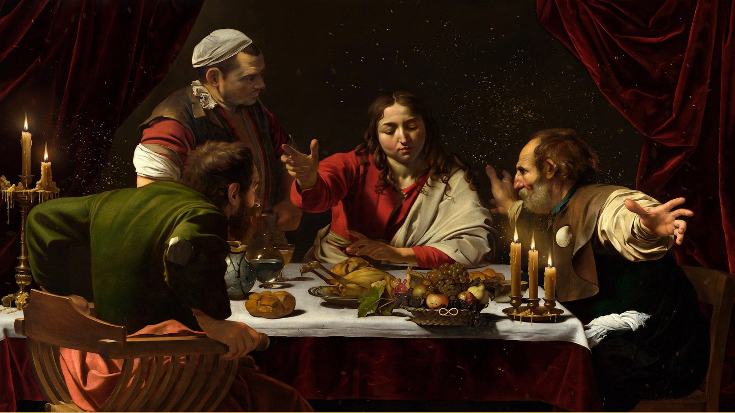A blessing at a candlelit table, arms flung out at the moment of recognition