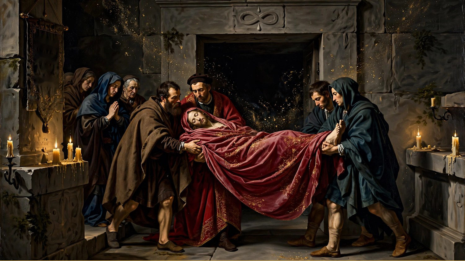 Mourners carrying a body in a crimson shroud through a stone doorway