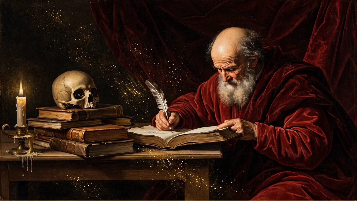An old man in a crimson robe writing beside a skull and a candle