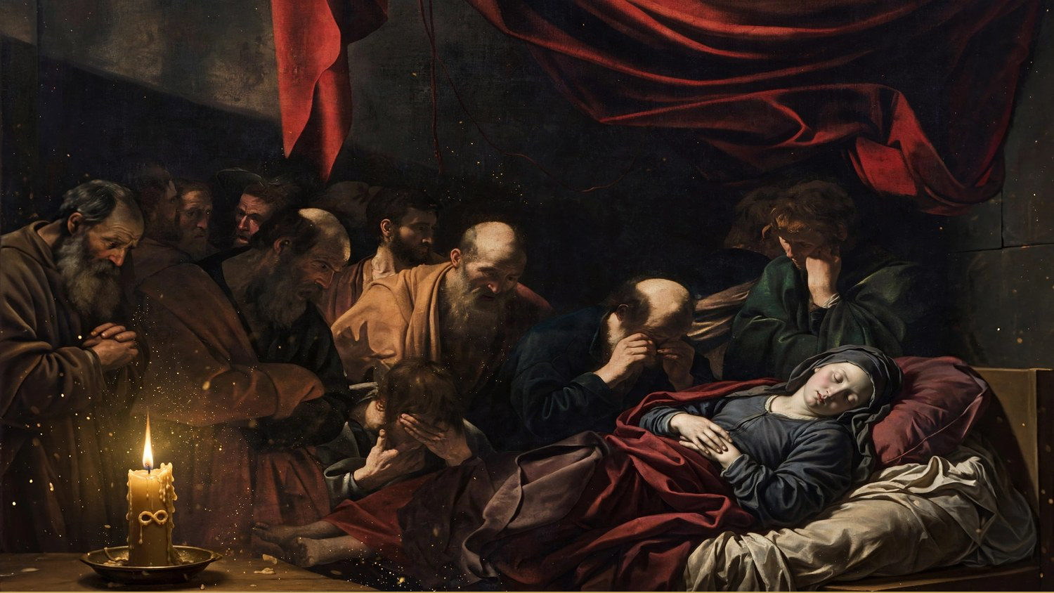 A woman laid out on a bed, mourners around her, one candle at the left