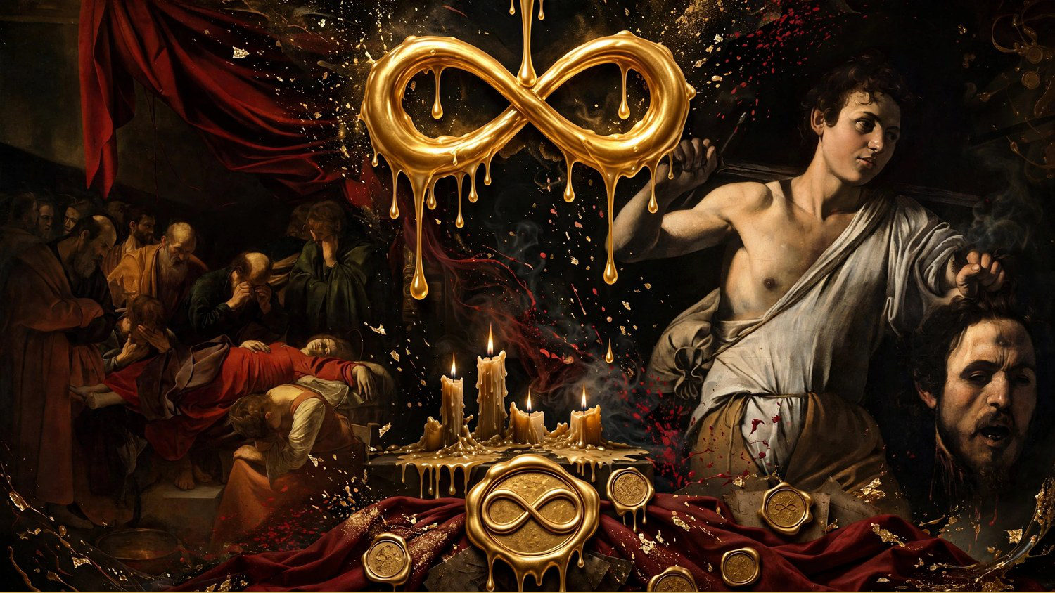 David holding Goliath's head under a large gold infinity of dripping wax
