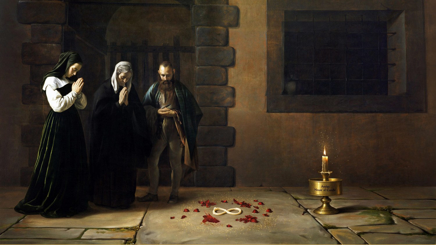 An empty stone prison yard, three watchers, one candle, red petals on the paving