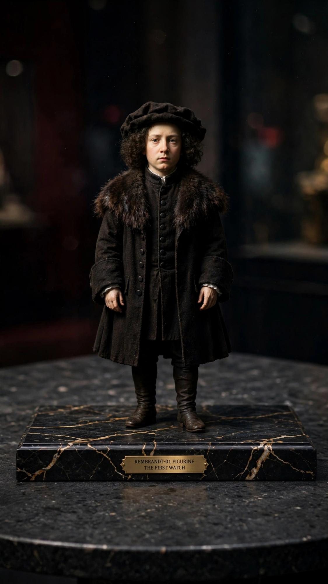 A young man in a dark fur-collared coat standing on a black marble base