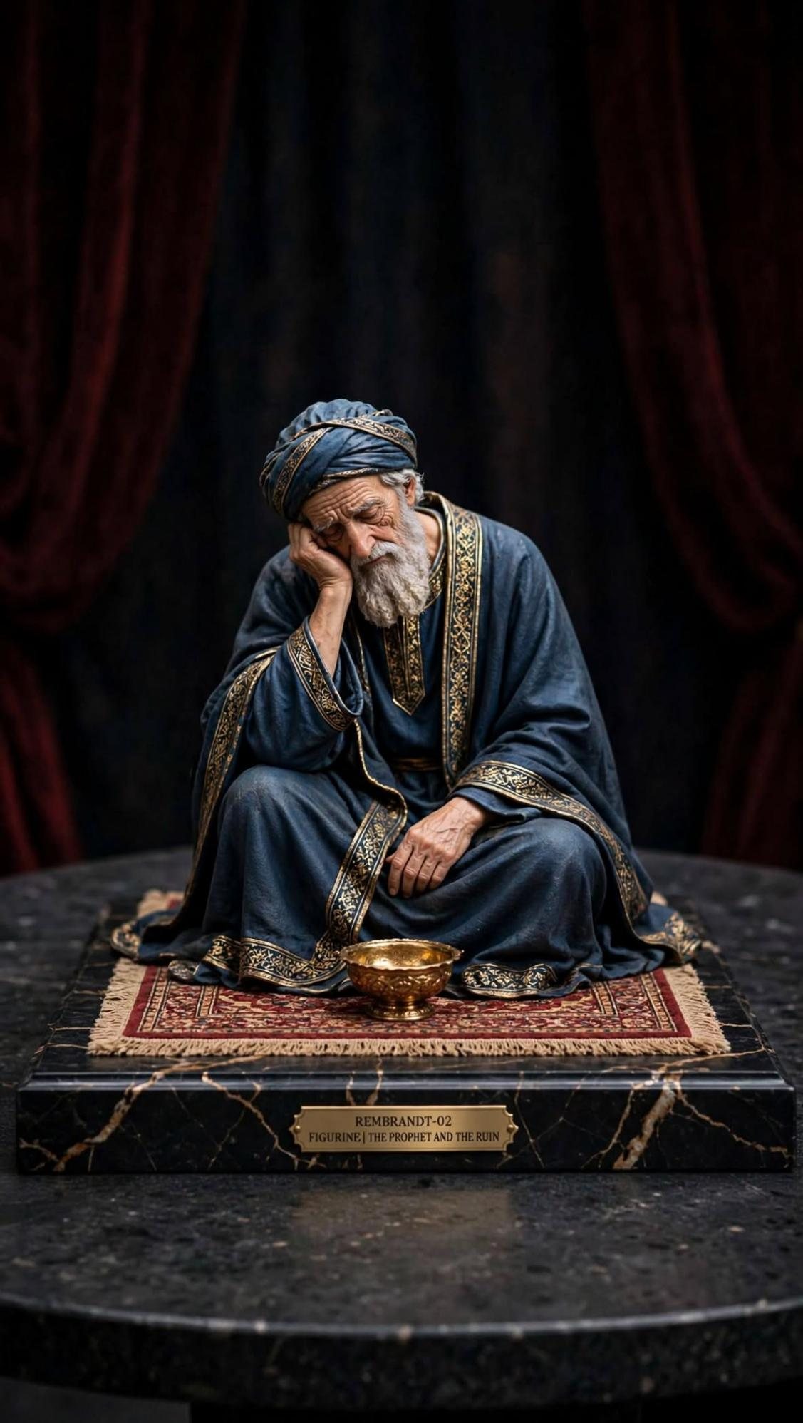 An old man in a blue and gold robe, head on his hand, a gold bowl on a rug