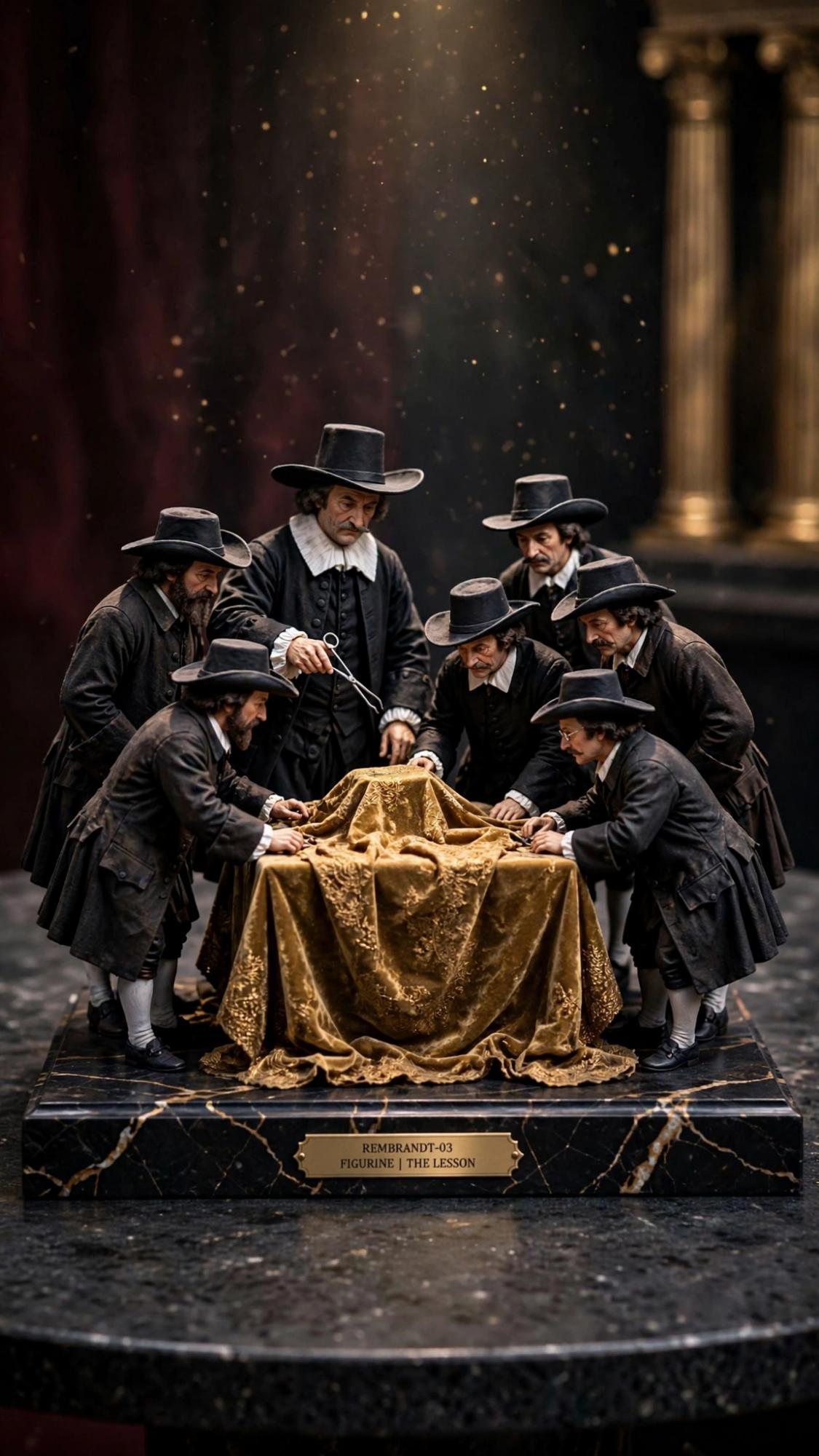 Seven men in black hats leaning over a body covered in gold cloth