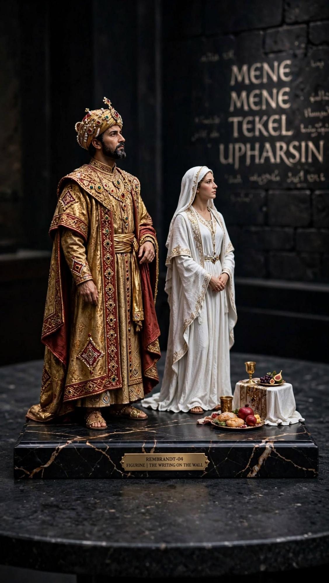 A king in a gold robe and a woman in white, with the words on the wall behind them