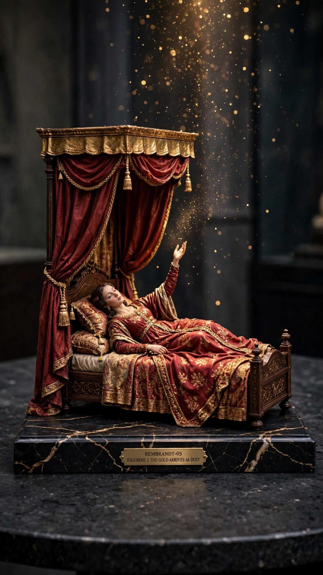 A woman in a crimson and gold robe on a canopied bed, one arm raised into falling gold