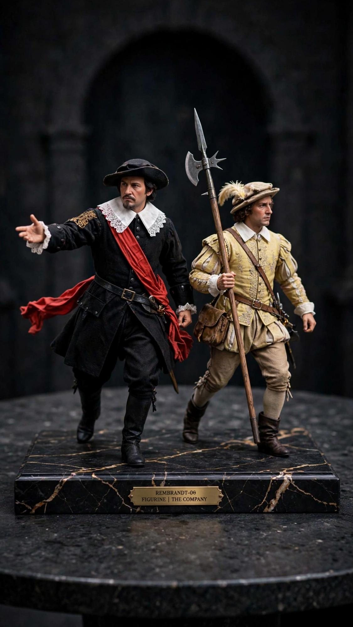 A captain in black with a red sash and a lieutenant in gold carrying a halberd