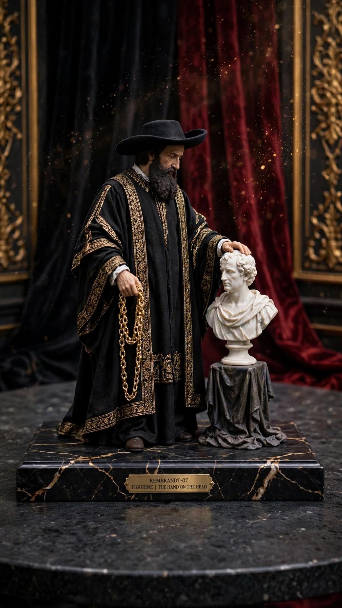 A bearded man in black and gold resting his hand on a white marble bust