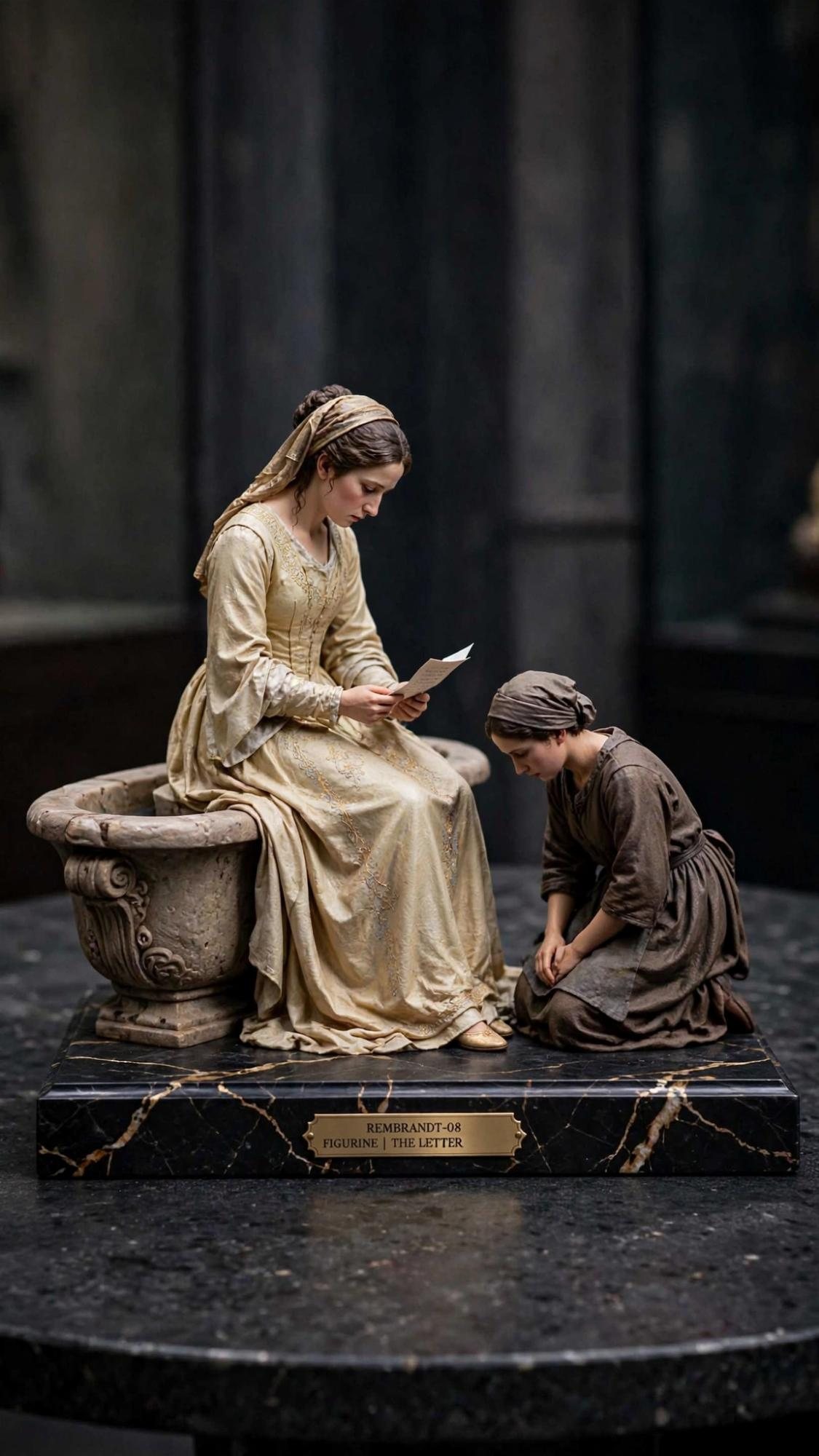 A woman in a pale gold gown reading a letter, a servant kneeling beside her