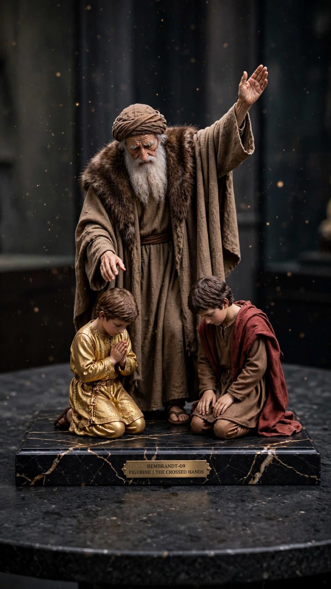 An old man with one hand raised over two kneeling boys, one in gold and one in brown