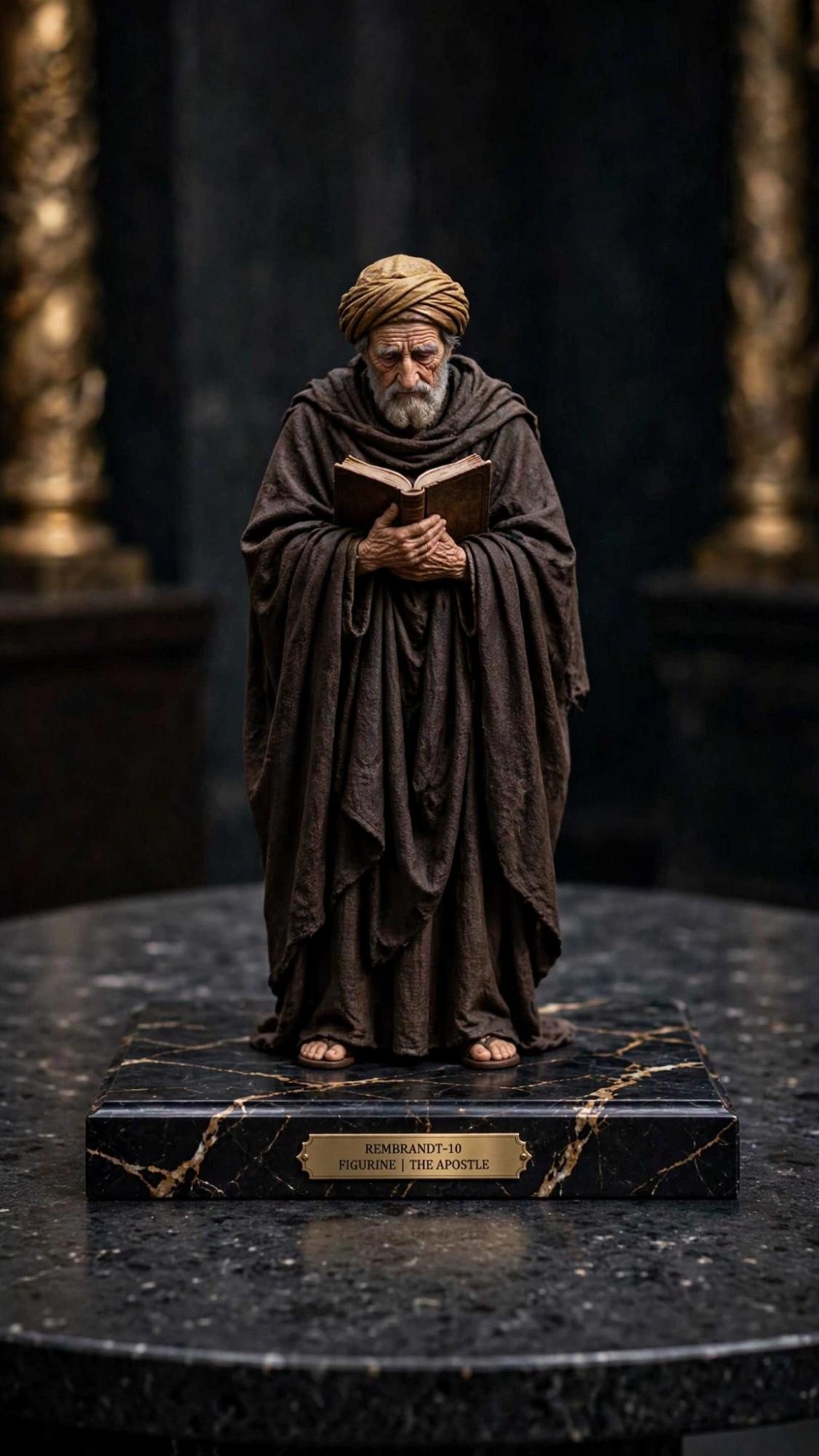 An old man in a brown turban and robe holding an open book