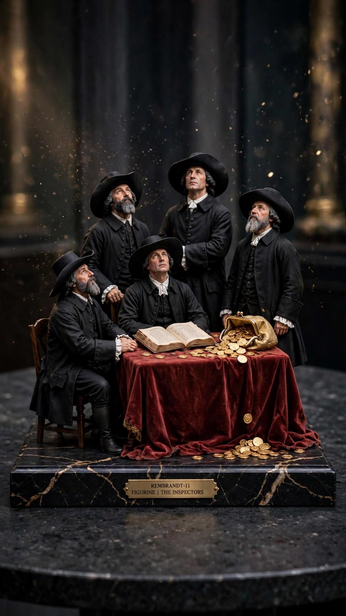 Five men in black hats around a red table with an open book and gold coins