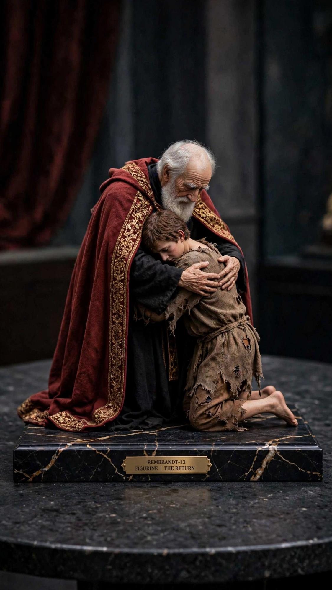 An old man in a red and gold cloak holding a kneeling son in torn clothes