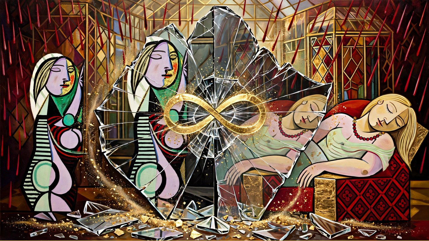 The same cracked shard from behind, Girl before a Mirror and The Dream seen through it