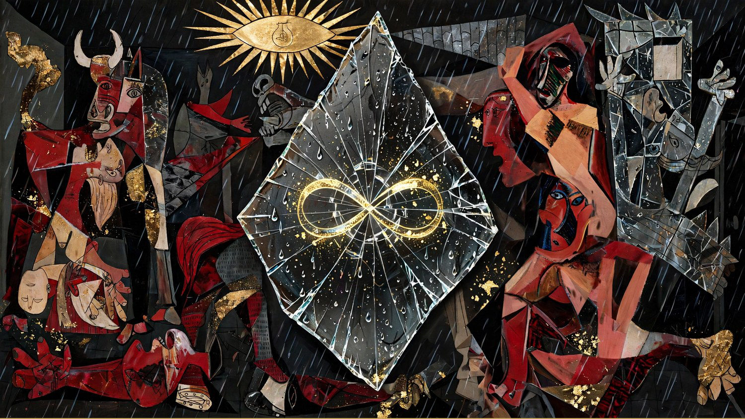 A cracked glass shard with an infinity sign, Guernica and the Demoiselles behind it