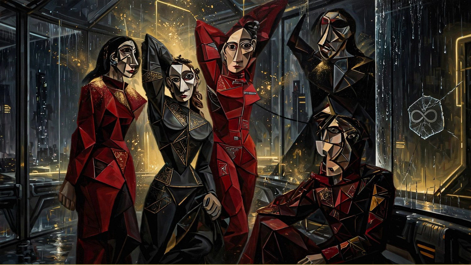 Five clothed figures in a glass room at night, after Les Demoiselles d'Avignon