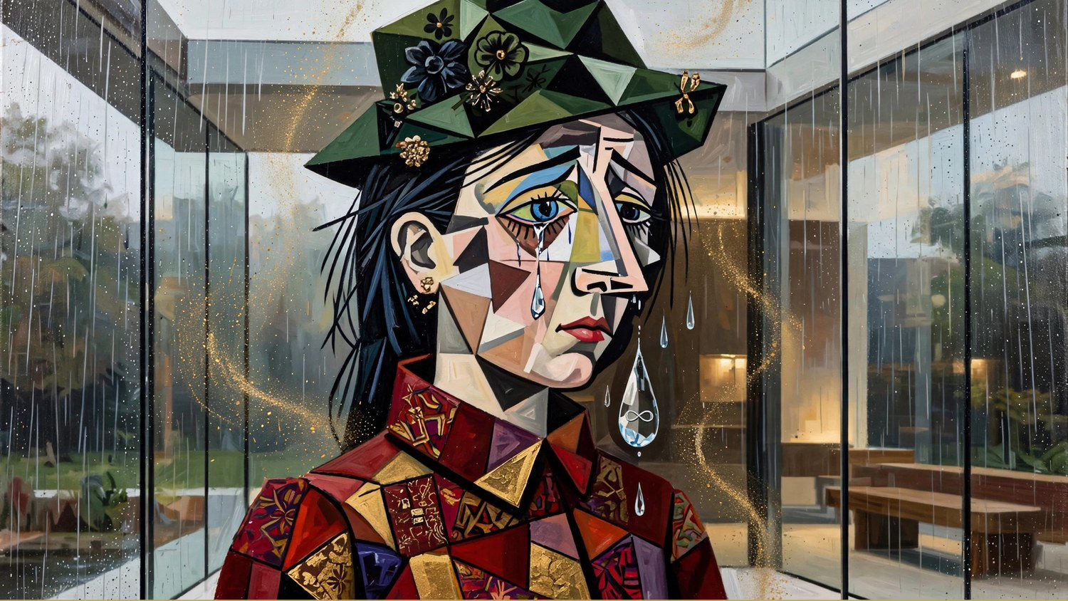 A weeping face behind a pane, after The Weeping Woman