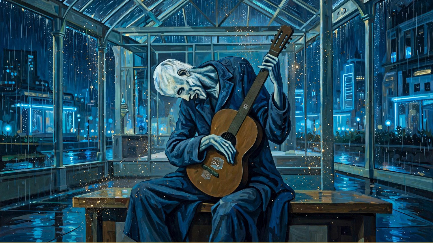 A blind guitarist in a blue coat inside a glass house in the rain