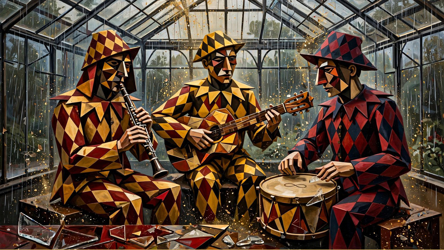 Three musicians on a bench inside a glass house