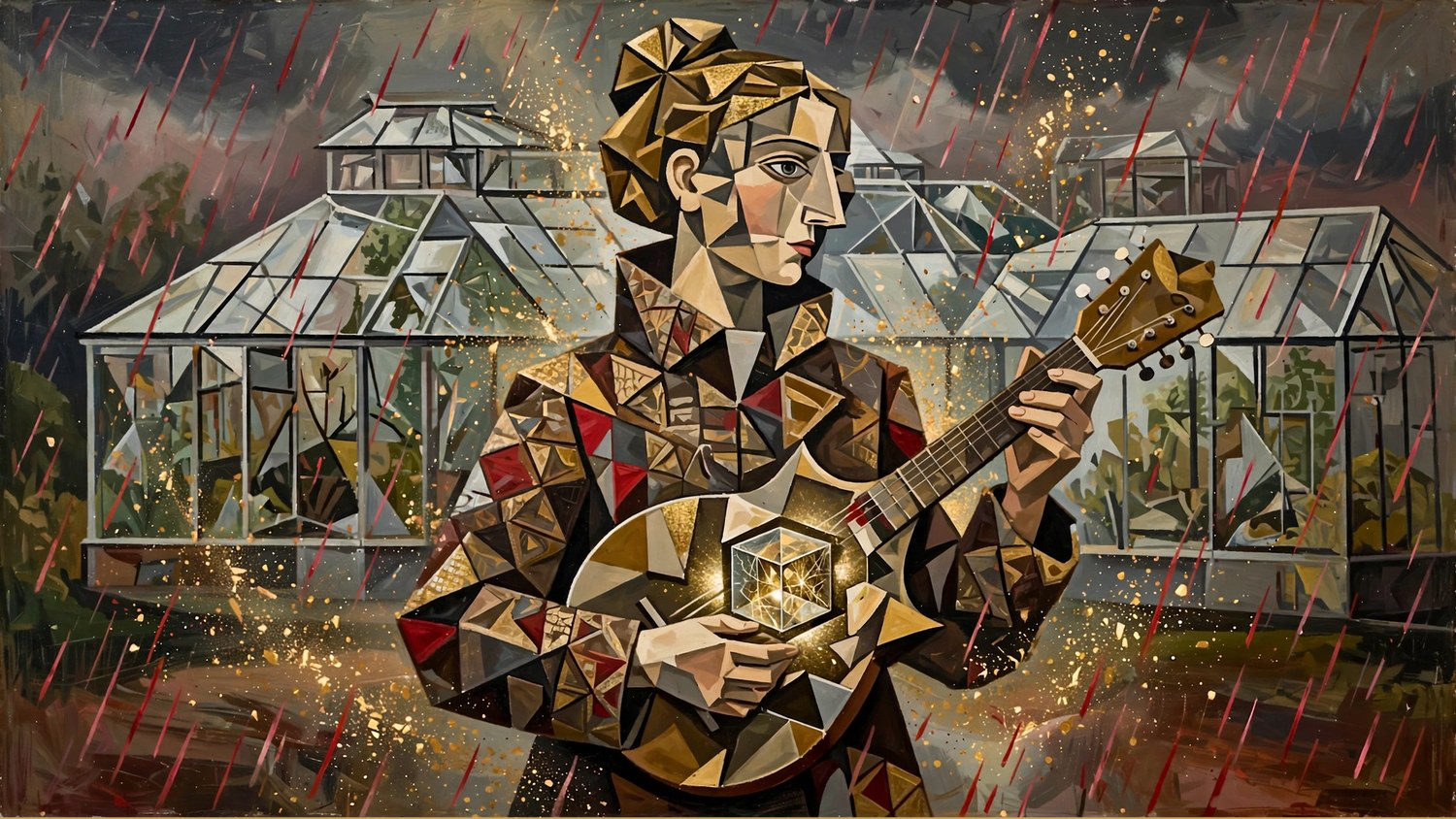A faceted figure with a mandolin, glass houses in the rain behind her