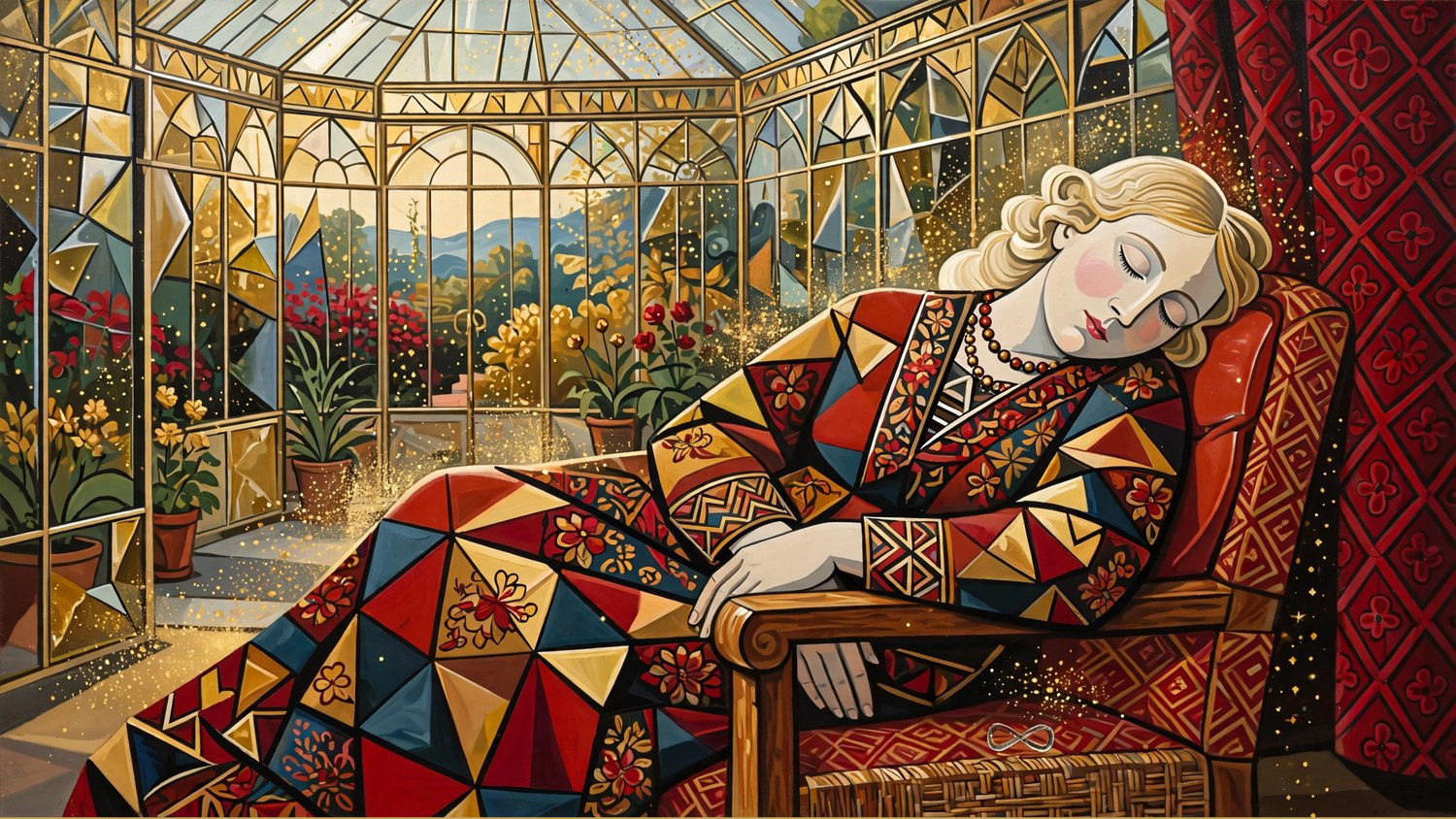 A sleeping woman in a red chair inside a glass house, after The Dream