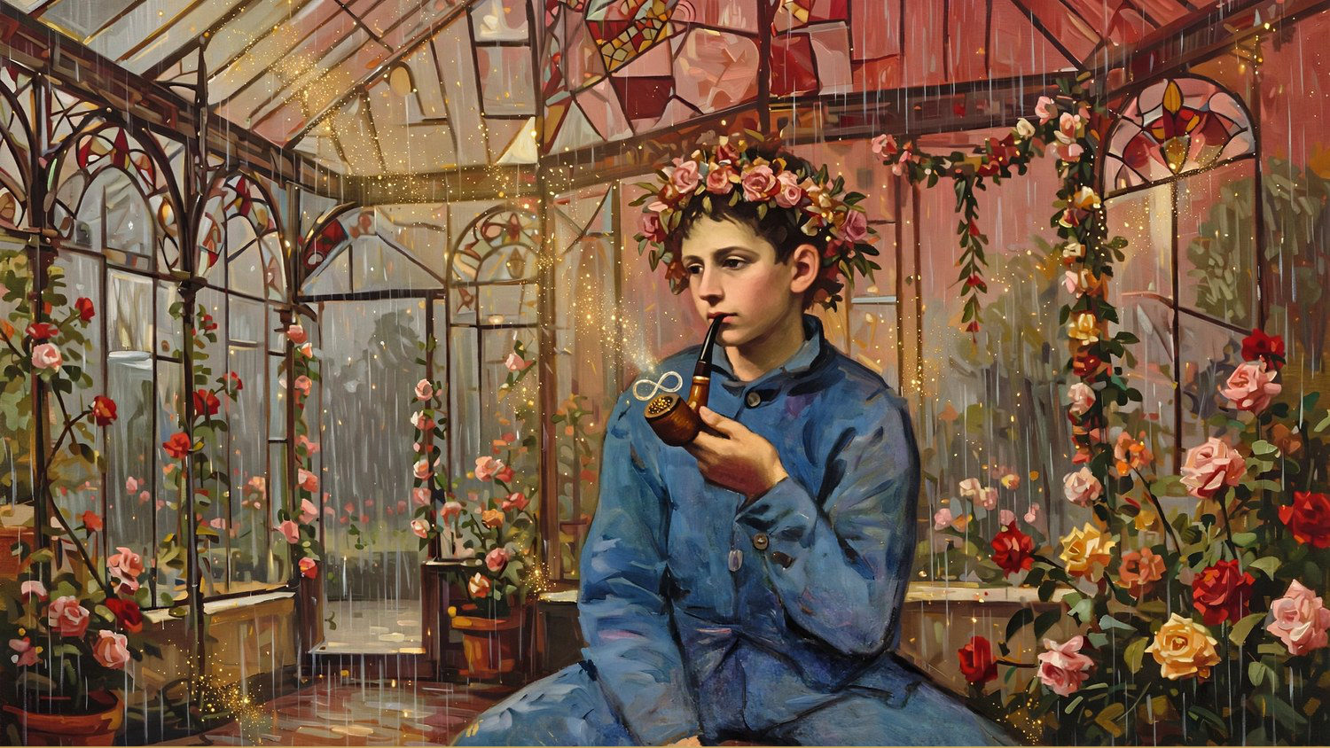 A boy with a pipe and a wreath, roses in a glass house