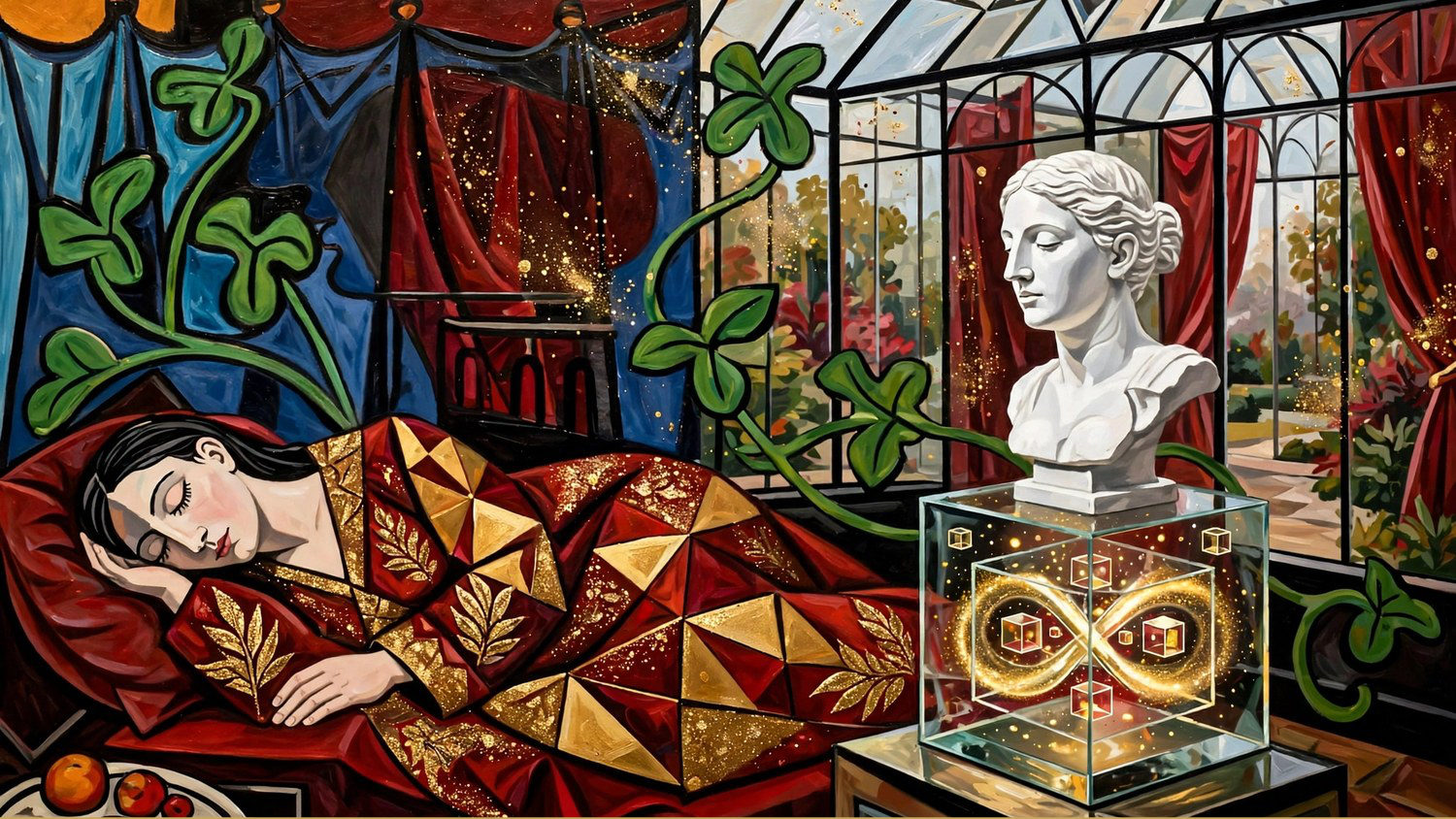 A sleeping woman under green leaves, a bust in a glass cube with an infinity sign