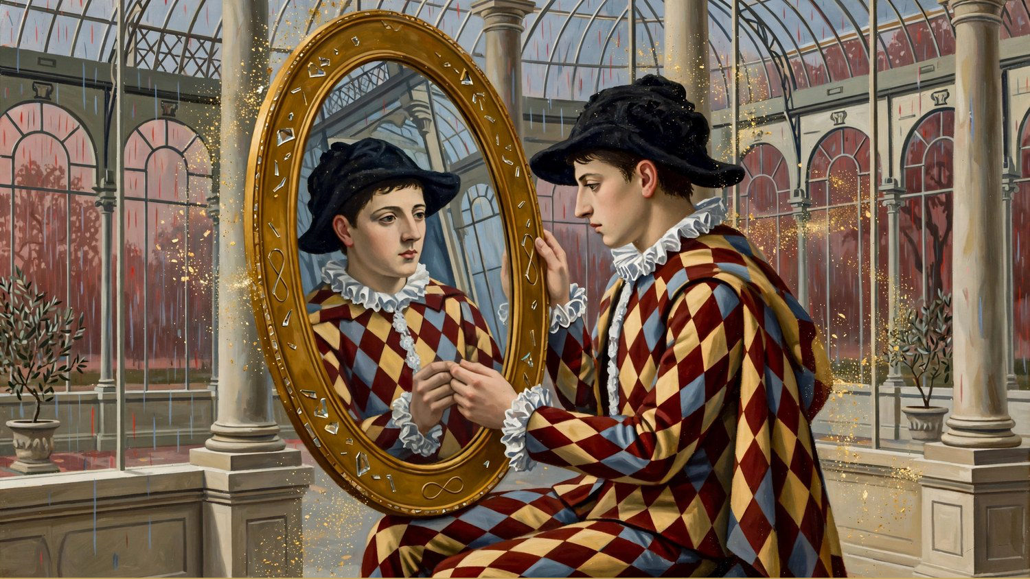 A harlequin looking into an oval mirror, a glass house behind him