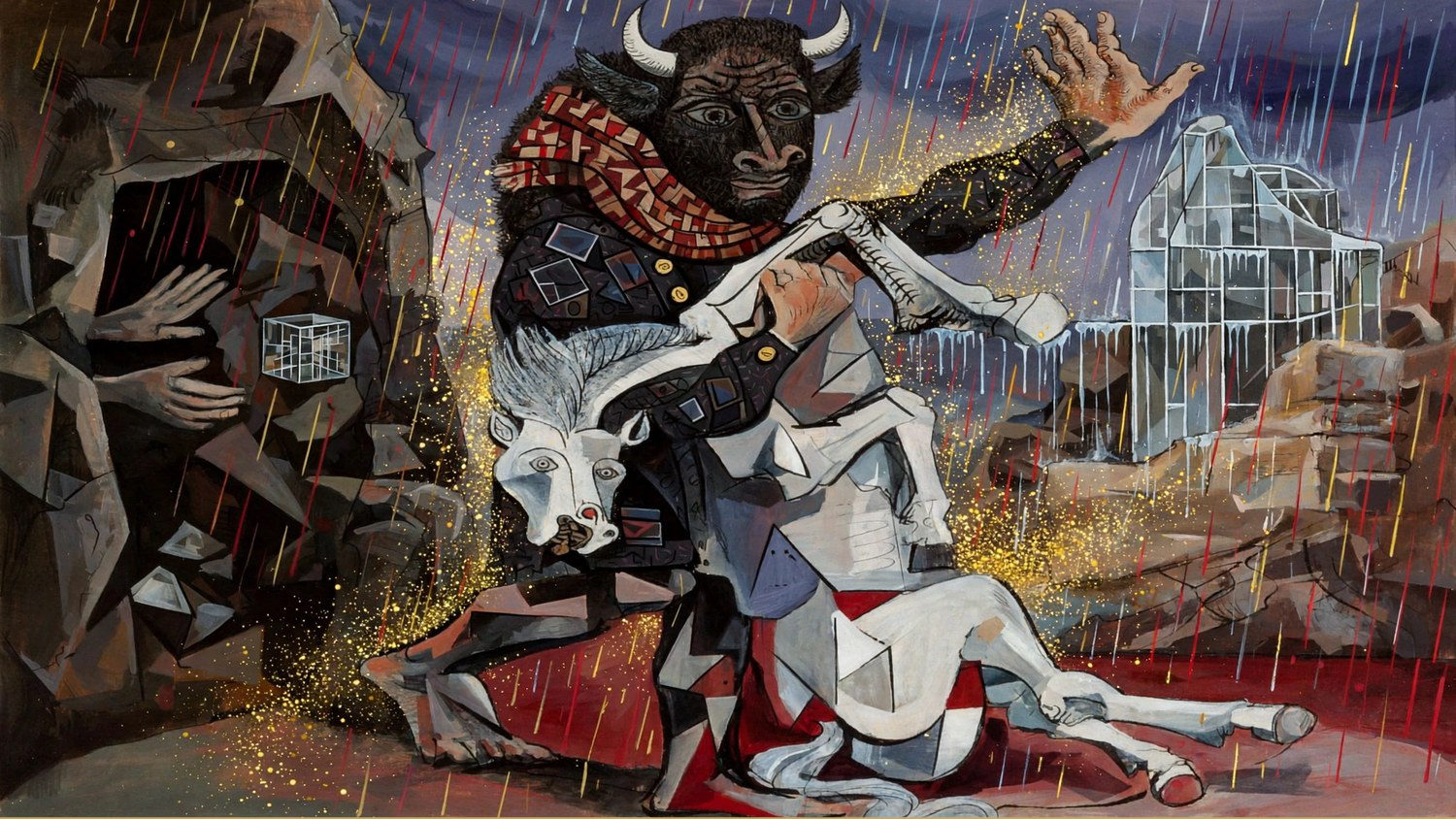 A minotaur over a dead white mare at a cave, a glass house far off