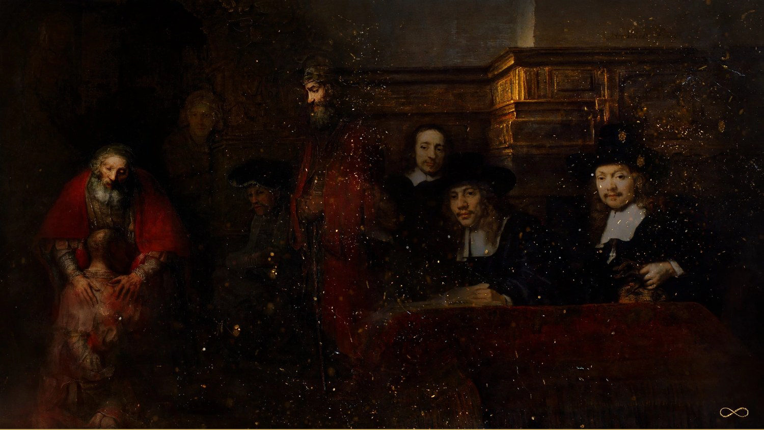The inspectors at a table beside a father bending over his son