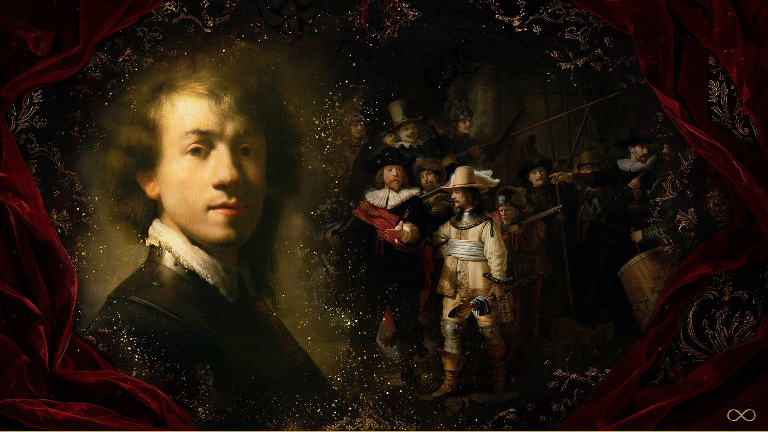 The young Rembrandt beside the militia company, under one gold light