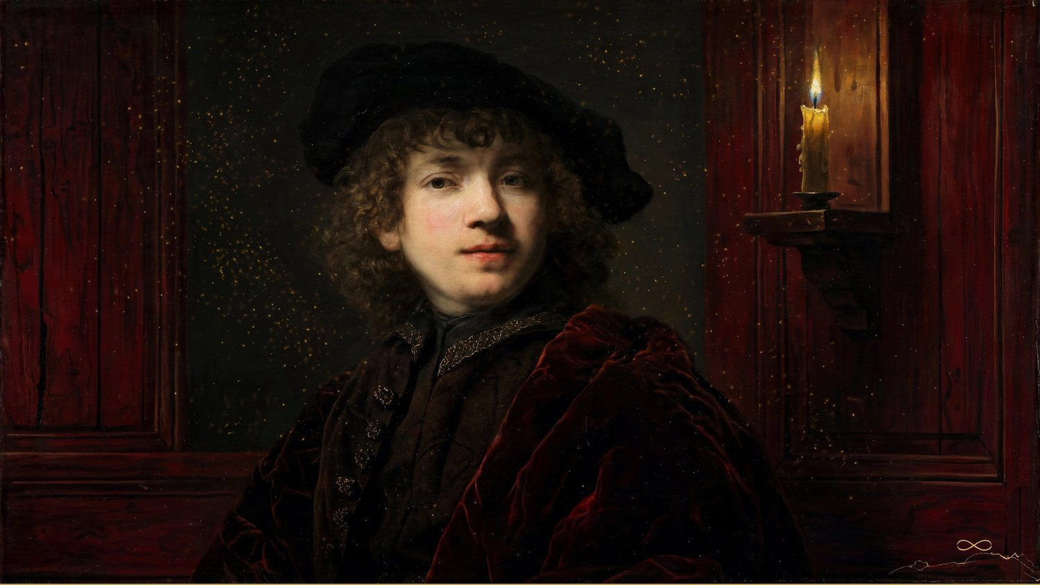 A young man in a dark coat, one side of the face lit, a candle on red panelling