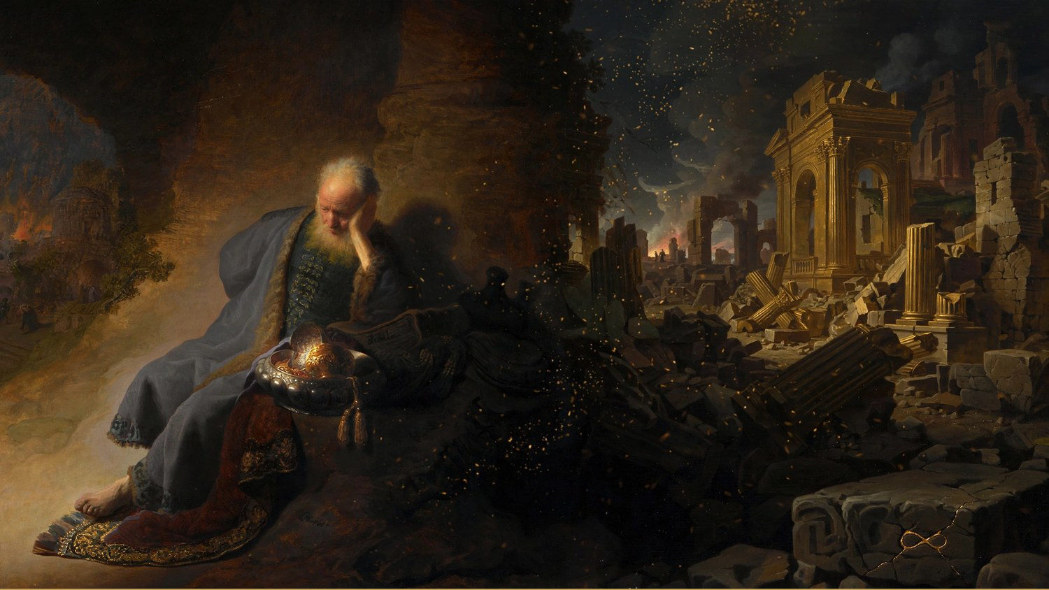 An old man in a blue robe, head on his hand, a burning city behind him