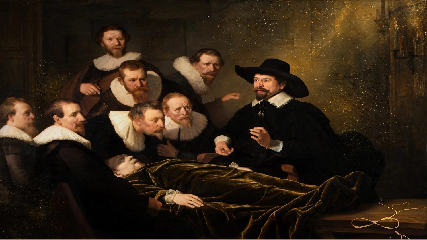 Seven men in black leaning over a covered body, one lifting the forearm
