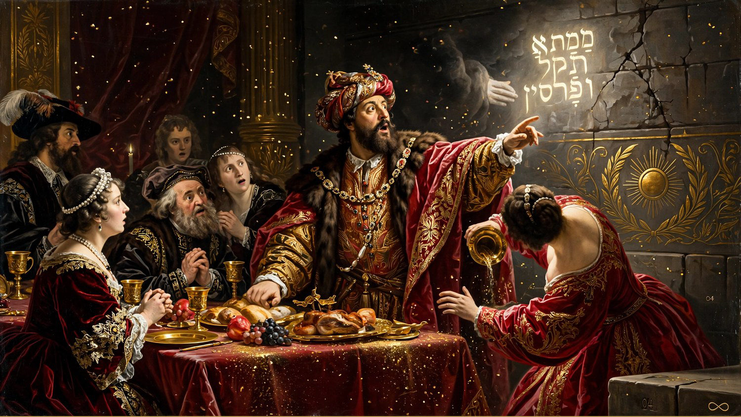 A king in a gold robe turns from a feast as a hand writes on the wall
