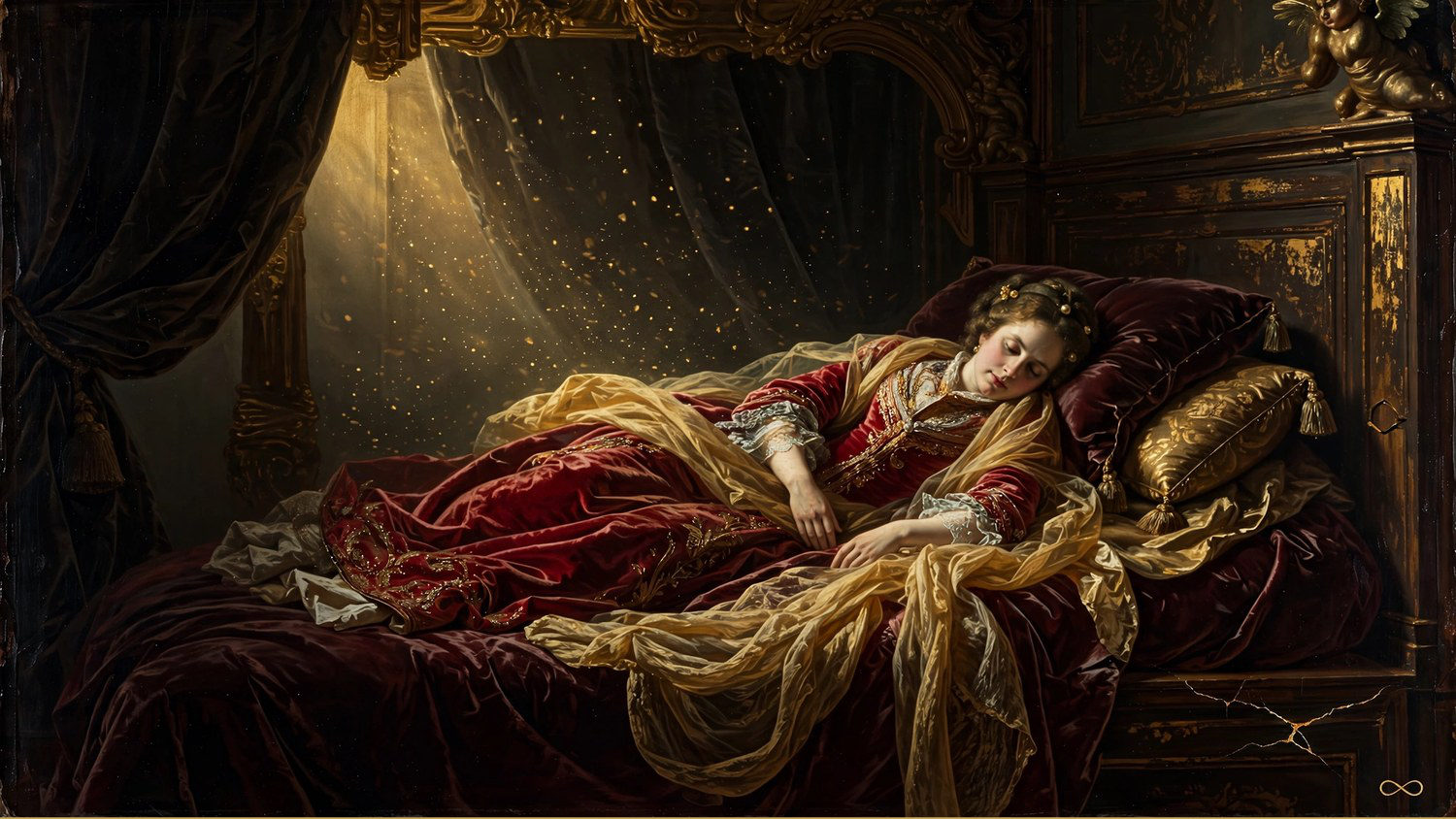 A woman in a crimson and gold robe on a bed, one arm raised toward falling gold dust