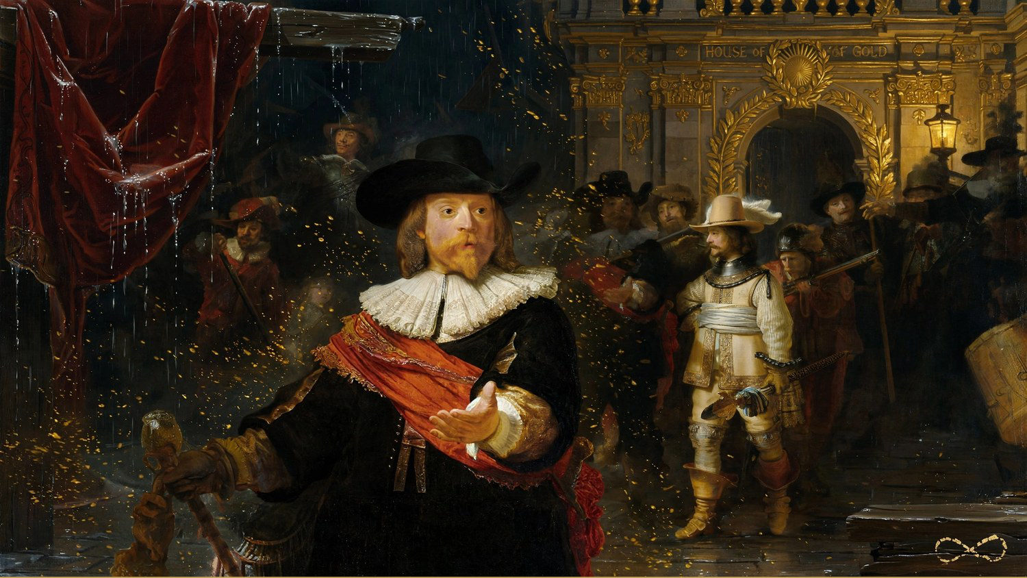 A captain in a red sash steps forward with his company under a stone arch