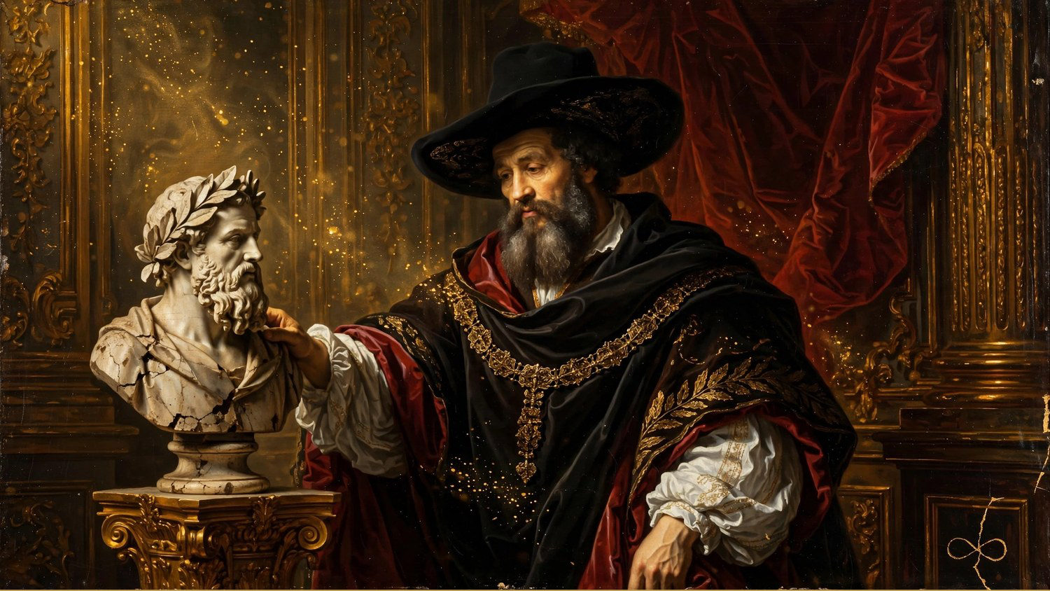 A bearded man resting one hand on a marble bust and holding a gold chain