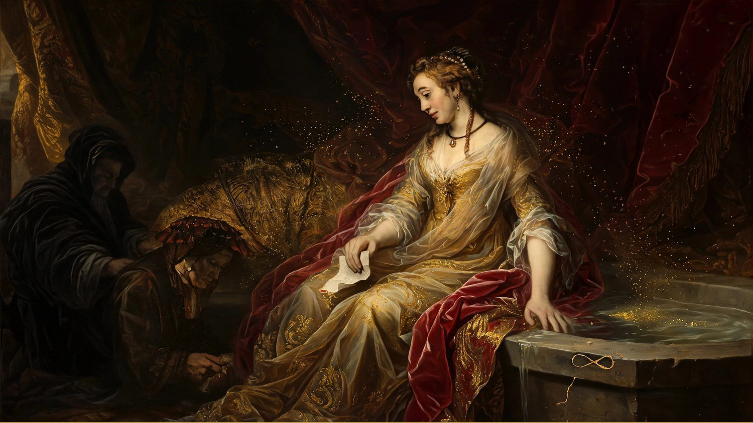 A woman in a pale gold gown holding a letter, a servant kneeling at her feet