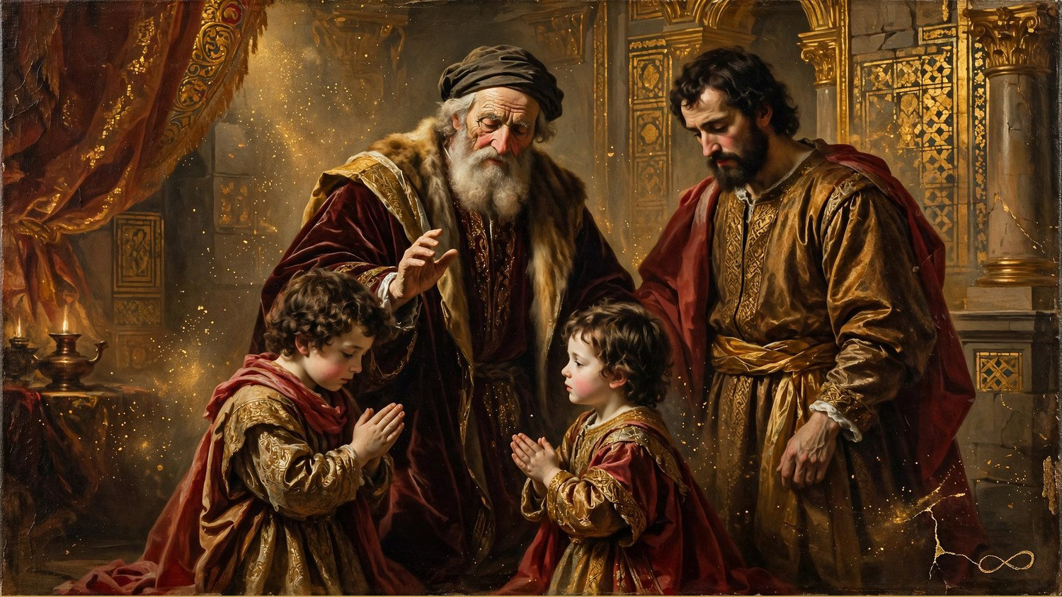 An old man raising a hand over two kneeling boys, gold panelling behind