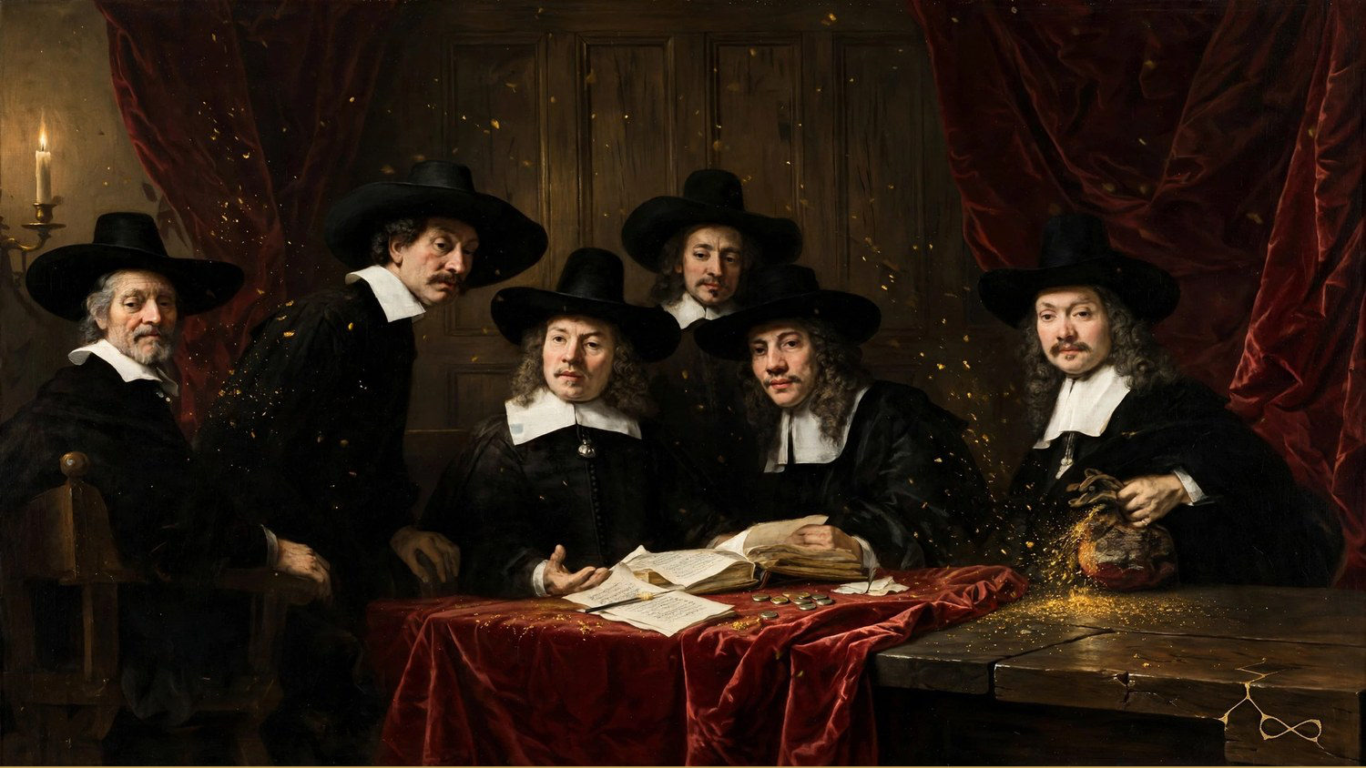 Five men in black hats behind a red table, all looking up at once