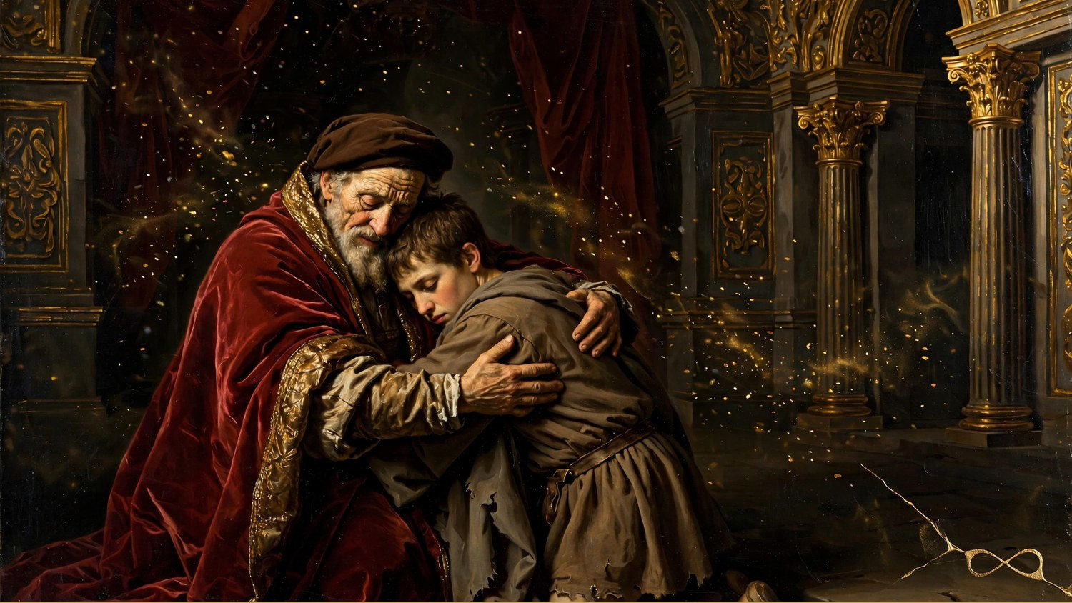 An old man in a red cloak bending over a kneeling man in rags