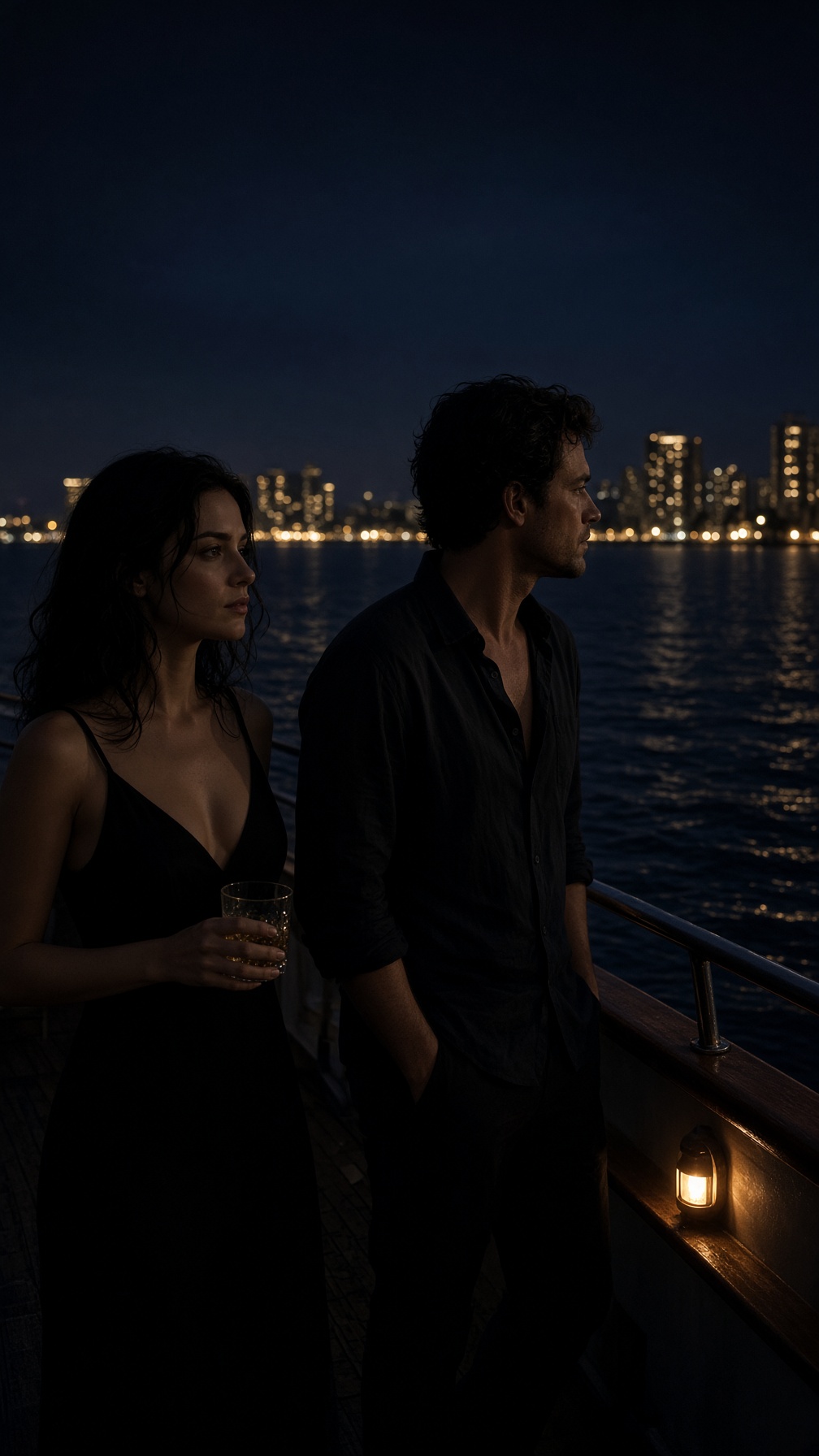 A Scorpio woman with a glass and an Aries man at the rail of a night boat, the city behind them