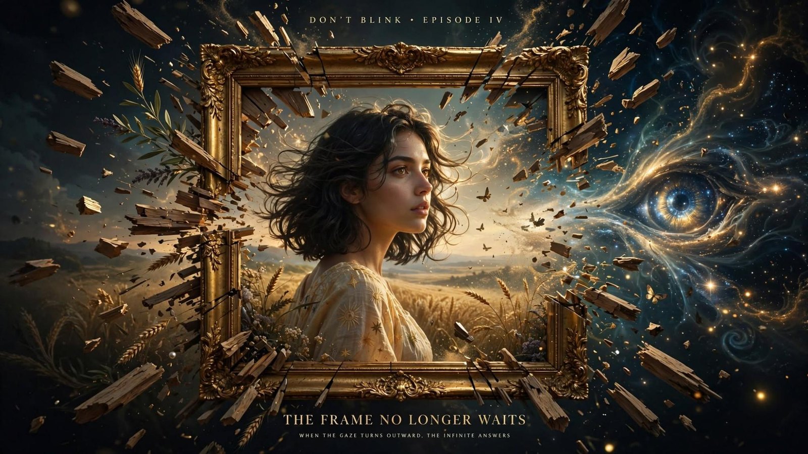 The frame breaks as the gaze turns outward and something answers.