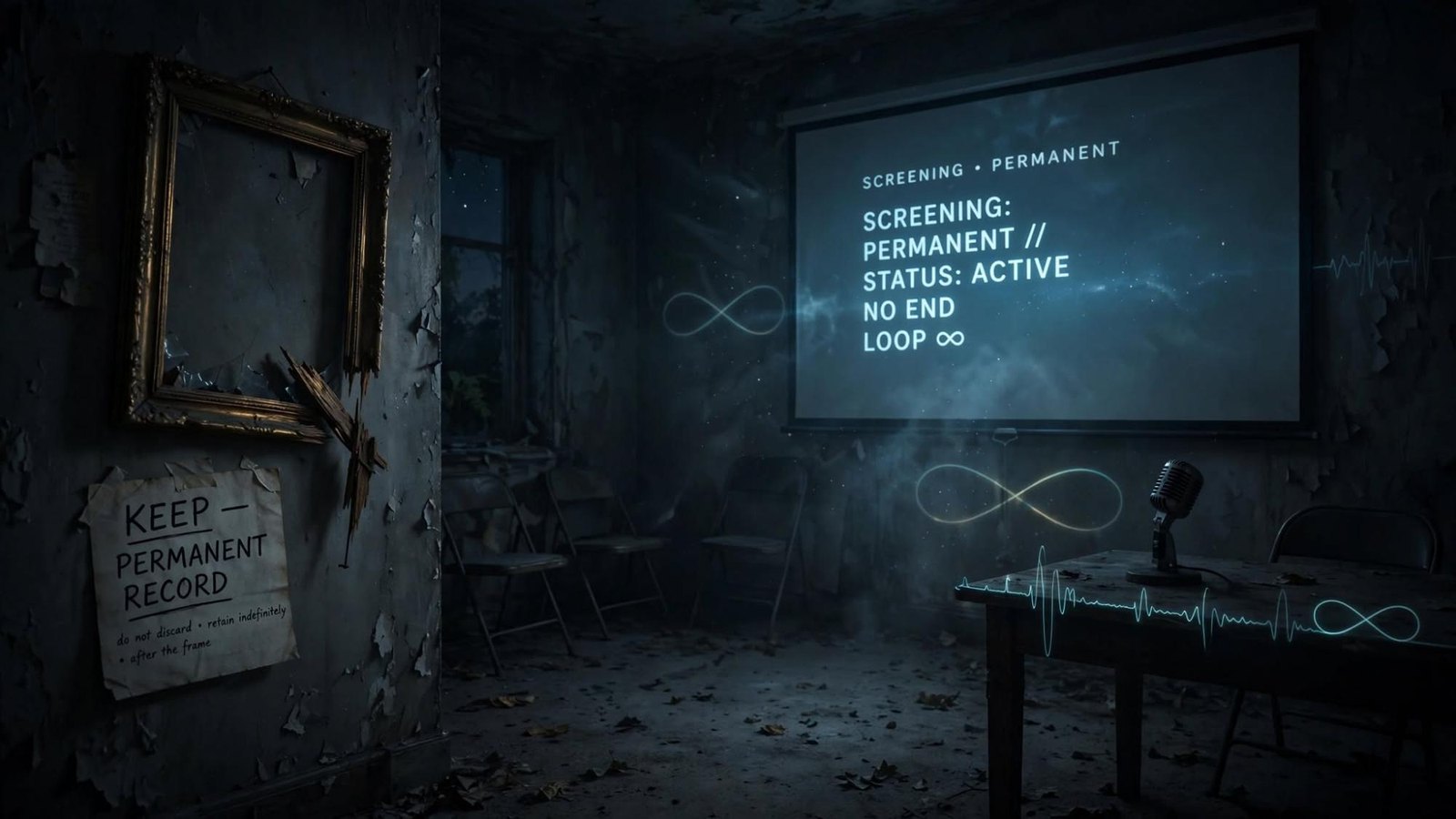 A screening room kept on, with no end to the loop.