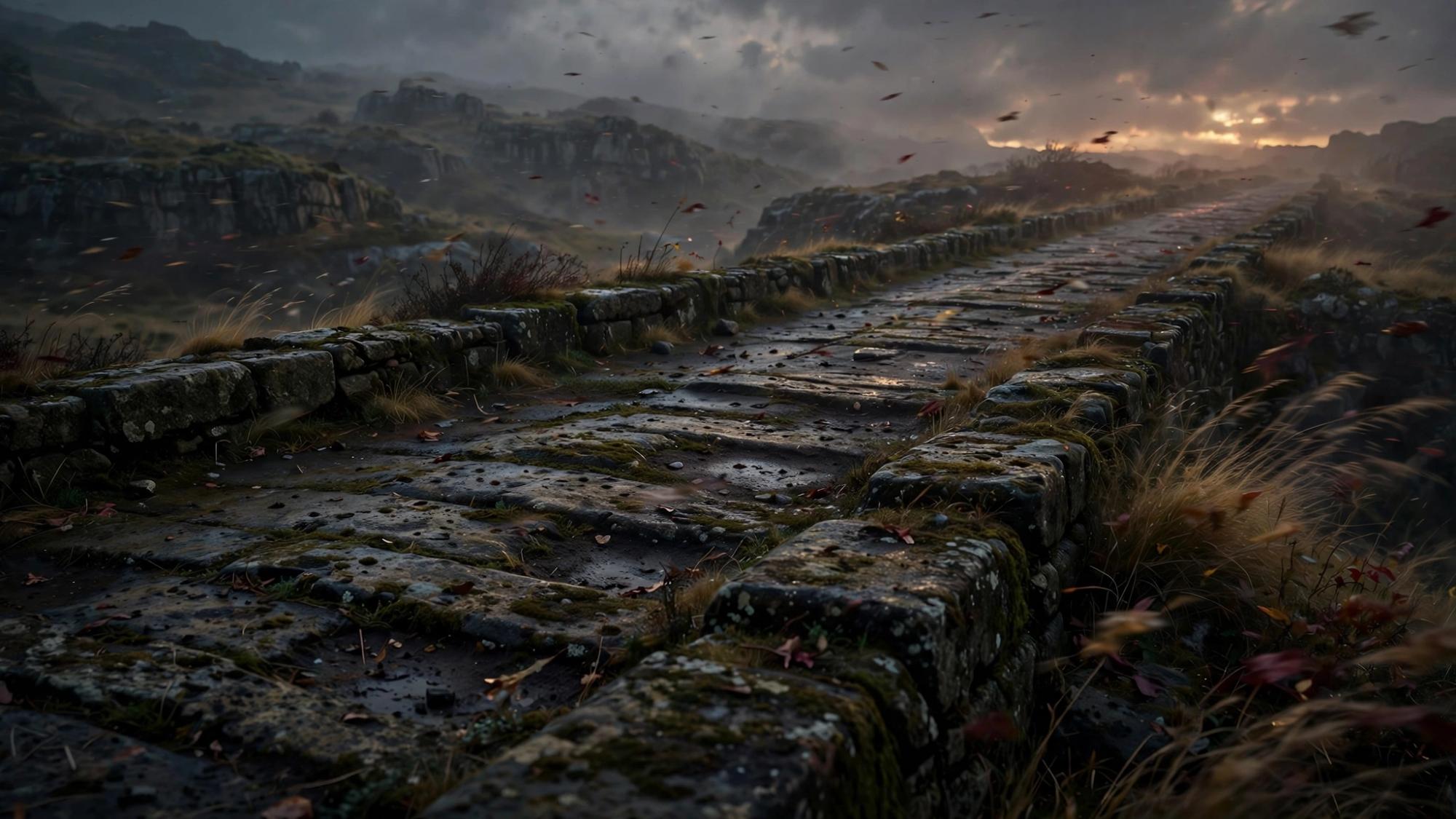 A worn stone road crossing weather and season. The century is the road.
