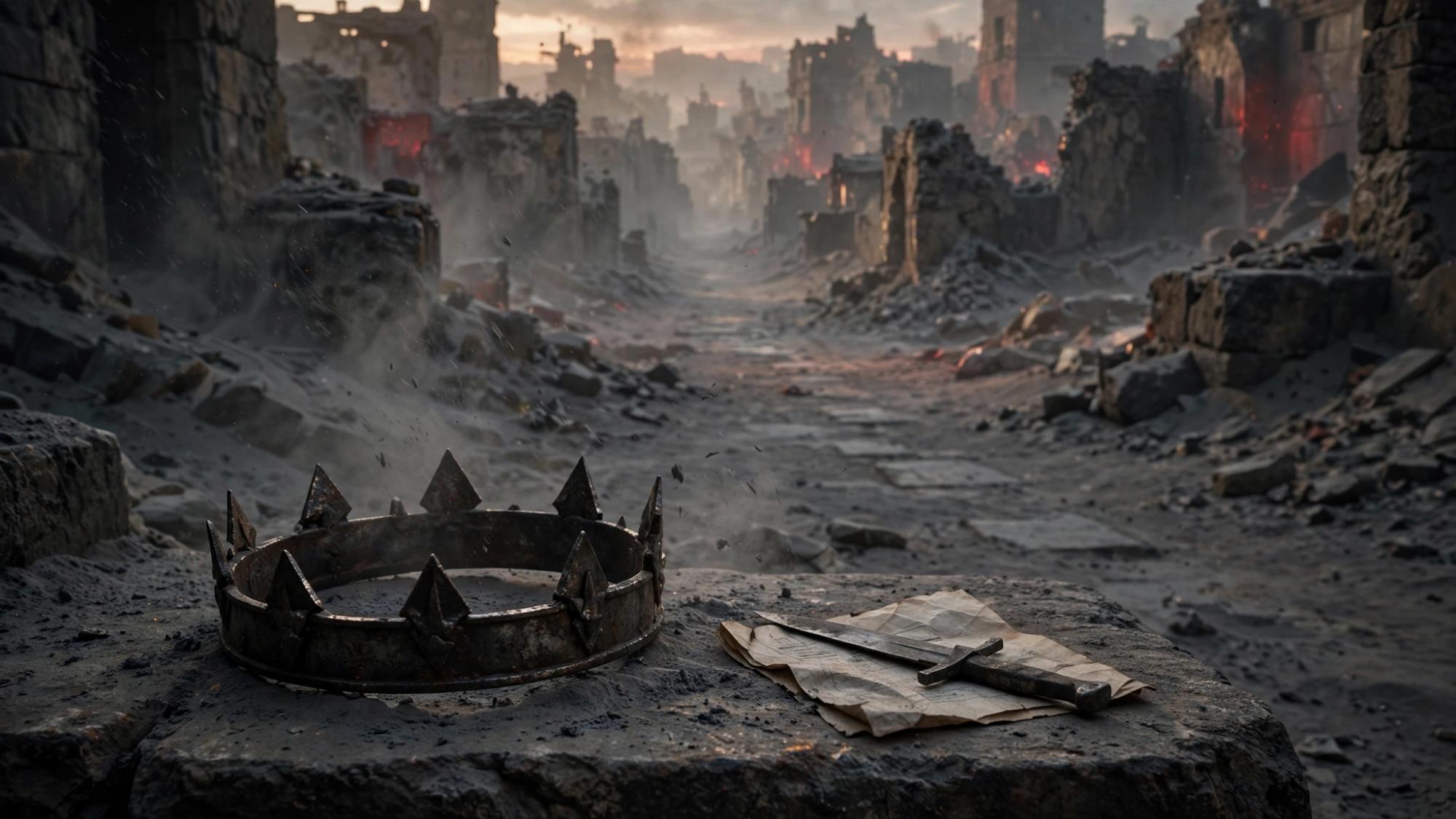 A city of soft ash. An iron crown set down, not worn. A blade left on paper as an invoice.